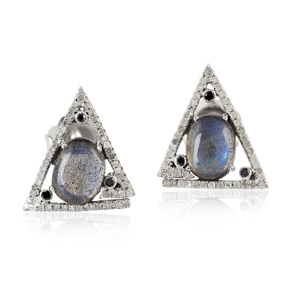 3.8ct Labradorite Pave Diamond Triangle Shape Stud Earrings Gold Silver Jewelry