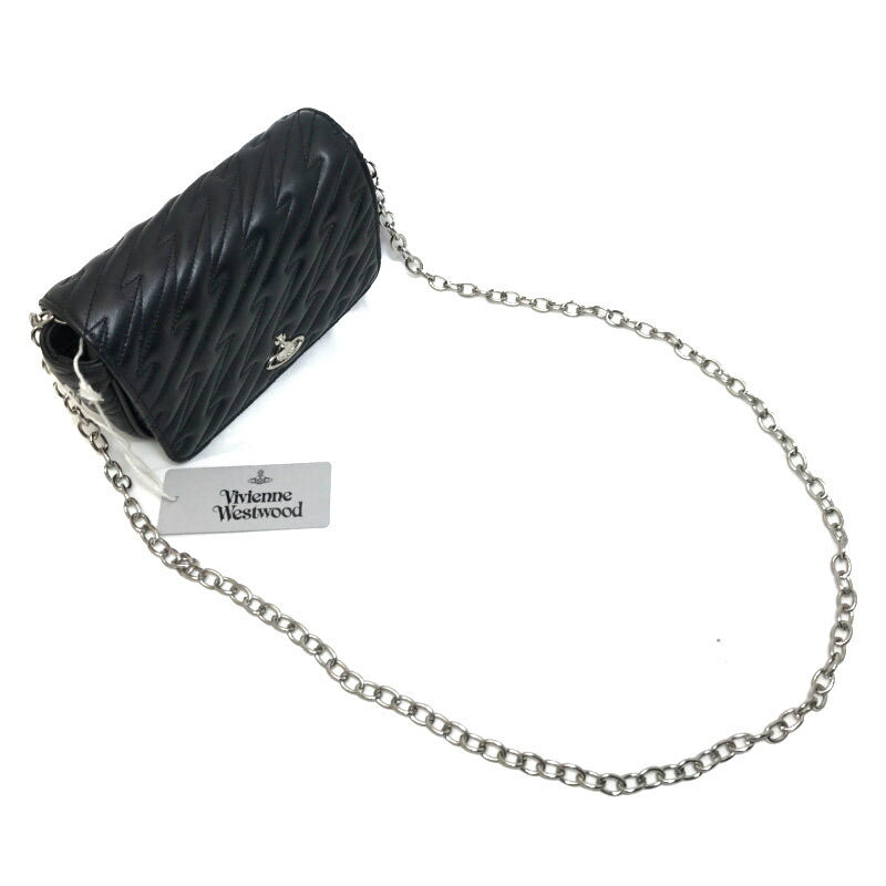 Vivienne Westwood Quilted Chain Shoulder Clutch Bag Pochette Orb Black Leather 53020005