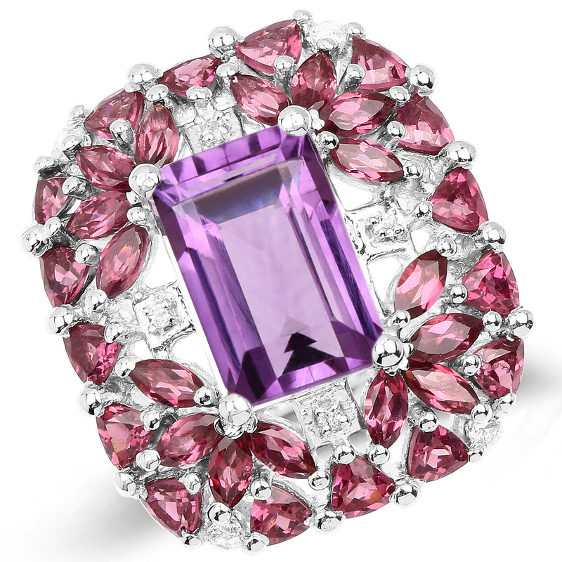 7.59 Carat Genuine Pink Amethyst, Rhodolite and White Topaz .925 Sterling Silver Ring