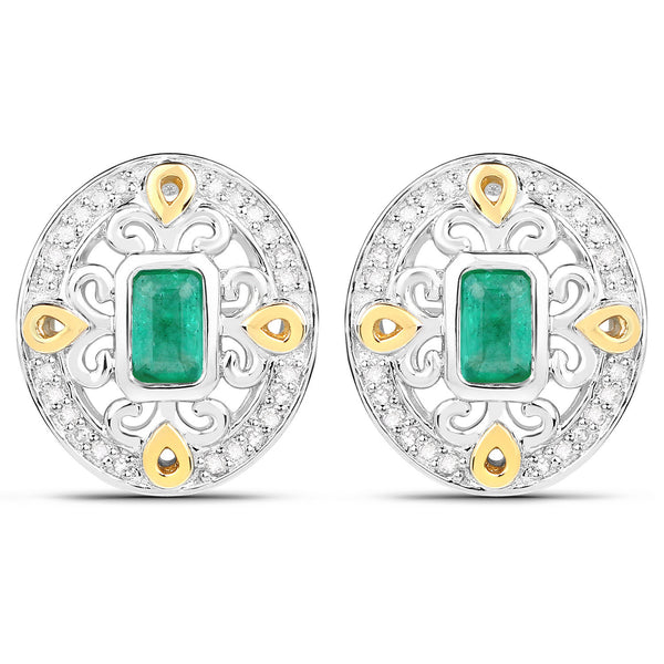 0.69 Carat Genuine Zambian Emerald and White Diamond .925 Sterling Silver Earrings