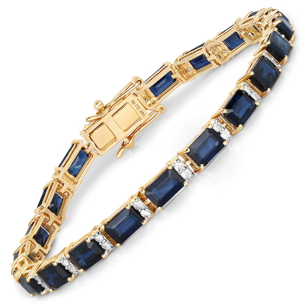 12.77 Carat Genuine Blue Sapphire and White Diamond 14K Yellow Gold Bracelet