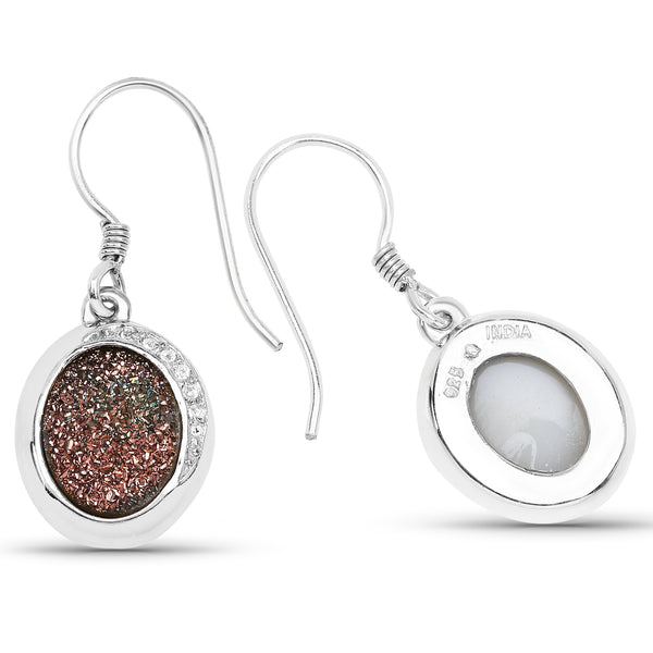 4.72 Carat Genuine Copper Bloom Drusy and White Topaz .925 Sterling Silver Earrings