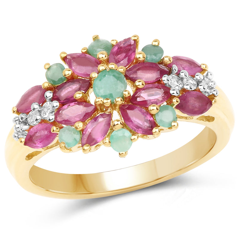 14K Yellow Gold Plated 1.84 Carat Genuine Glass Filled Ruby, Emerald & White Topaz .925 Sterling Silver Ring