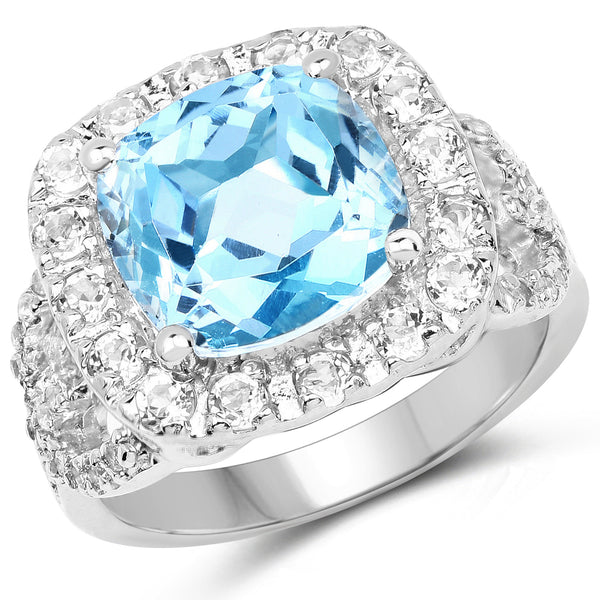 5.17 Carat Genuine Blue Topaz and White Topaz .925 Sterling Silver Ring