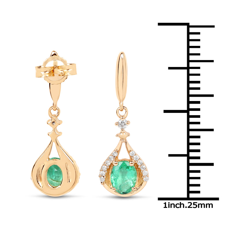 0.70 Carat Genuine Zambian Emerald and White Diamond 14K Yellow Gold Earrings