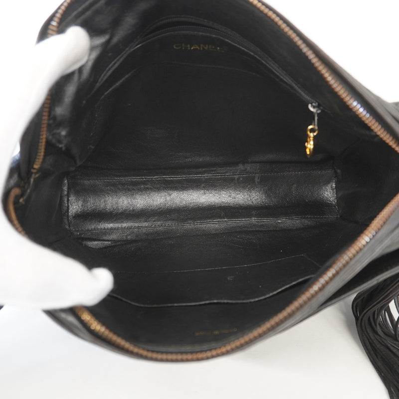 Auth Chanel Shoulder Bag Fringe Shoulder Lambskin Black Gold Metal
