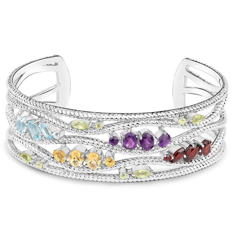 4.82 Carat Genuine Multi Stones .925 Sterling Silver Cuff Bangle