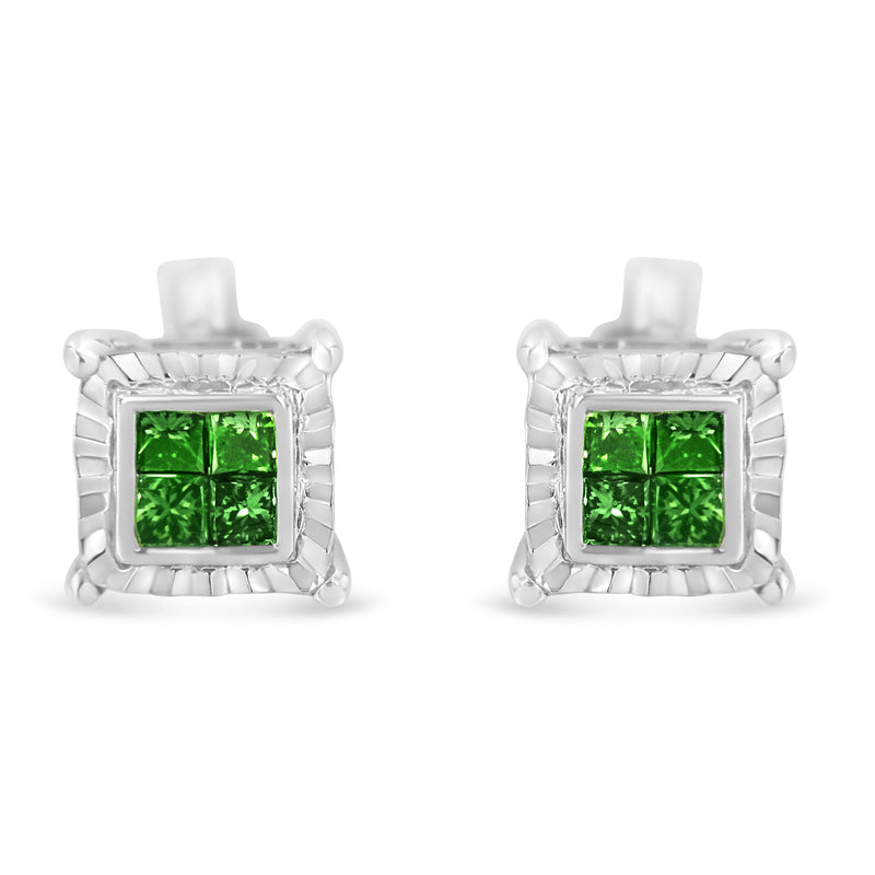 Sterling Silver Color Treated Princess Diamond Quad Stud Earring (1/2 cttw, Green Color, I1-I2 Clarity)