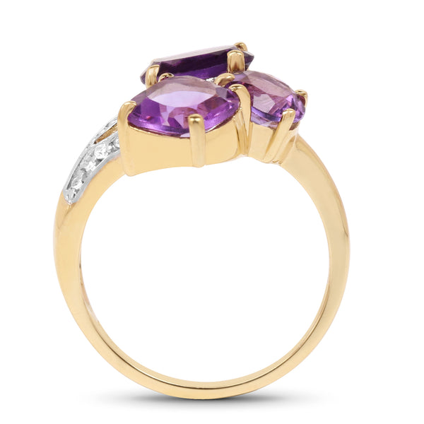 14K Yellow Gold Plated 3.15 Carat Genuine Amethyst and White Topaz .925 Sterling Silver Ring