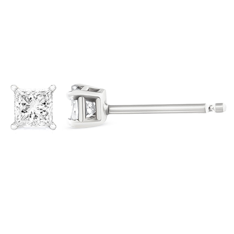 AGS Certified 1/4 Cttw Princess-Cut Square Diamond 4-Prong Solitaire Stud Earrings in 14K White Gold (H-I Color, I1-I2 Clarity)