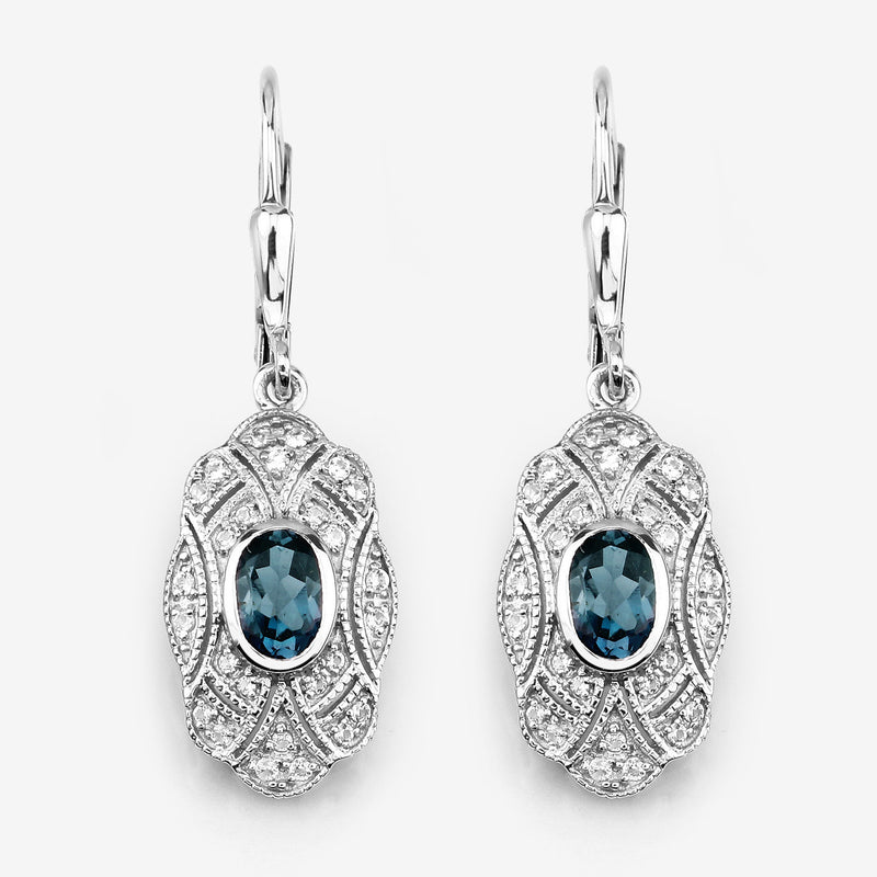 1.32 Carat Genuine London Blue Topaz and White Topaz .925 Sterling Silver Earrings