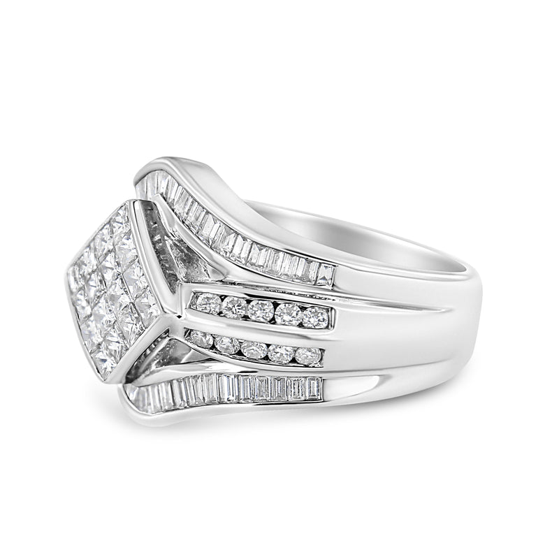 14K White Gold 1 3/4 Cttw Round Princess and Baguette Cut Diamond Ring (G-H Color SI1-SI2 Clarity)