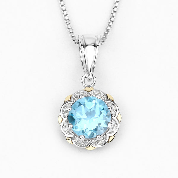 2.32 Carat Genuine Swiss Blue Topaz and White Diamond 14K Yellow Gold with .925 Sterling Silver Pendant