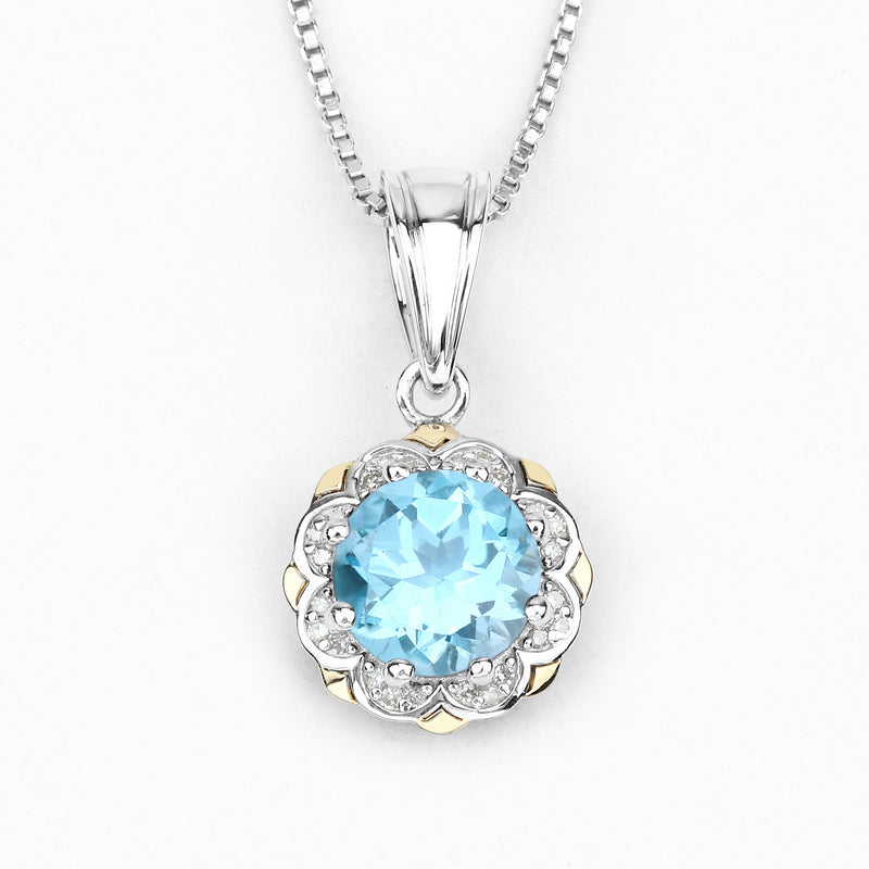 2.32 Carat Genuine Swiss Blue Topaz and White Diamond 14K Yellow Gold with .925 Sterling Silver Pendant