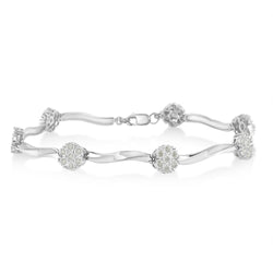.925 Sterling Silver 1/4 Cttw Diamond Cluster Miracle-Set Station & Twisted Bar 7" Tennis Bracelet (H-I Color, I2-I3 Clarity)