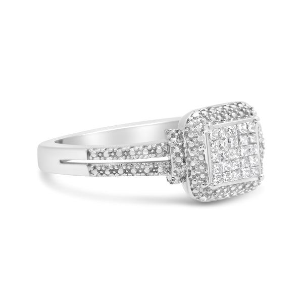 .925 Sterling Silver 1/4 Cttw Princess-cut Diamond Composite Ring with Beaded Halo (H-I Color, SI1-SI2 Clarity) - Size 7