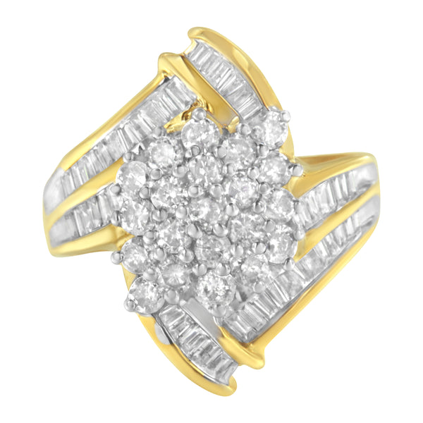 10K Yellow Gold Round and Baguette Diamond Swirl Ring (2.0 Cttw, J-K Color, I2 Clarity) - Size 6-3/4