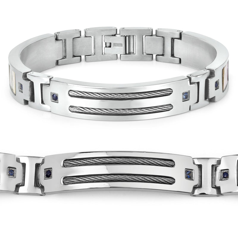 Titanium Men's Bracelet, Mens Titanium Bracelet with Silver Plated Steel Inlay, 0.48ctw. Natural Blue Sapphire Rounds