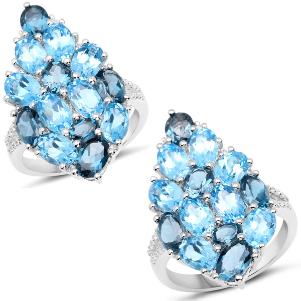 6.69 Carat Genuine Swiss Blue Topaz, London Blue Topaz and White Zircon .925 Sterling Silver Ring