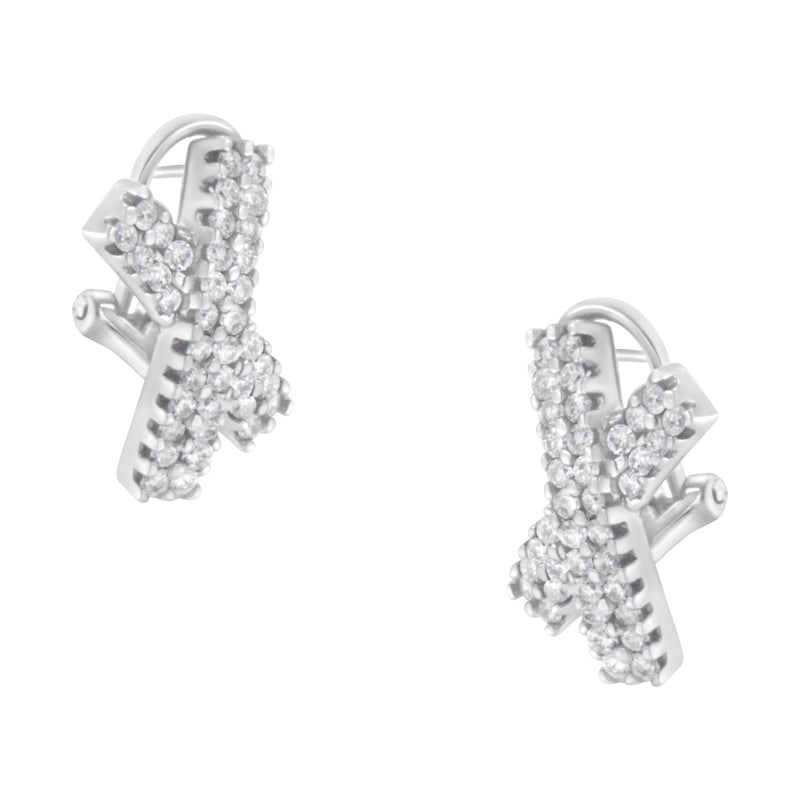 14K White Gold 2.0 Cttw Round-Brilliant Cut Diamond Domed X Shaped Omega Back Stud Earrings (H-I Color, I1-I2 Clarity)