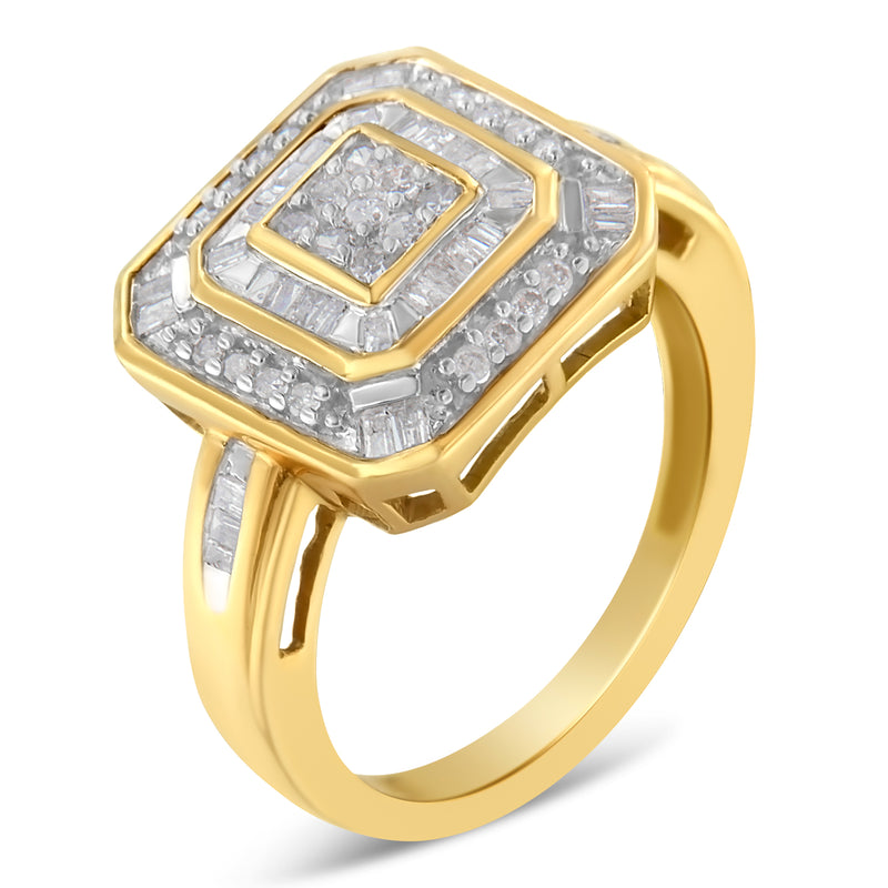 10K Yellow Gold 1/2ct TDW Round and Baguette cut Diamond Cluster Ring (I-JI1-I2)