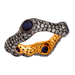 Vintage Look Band Ring Pave Diamond Blue Sapphire 925 Sterling Silver Jewelry