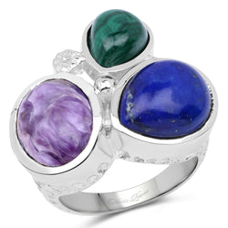 11.23 Carat Genuine Malachite, Charolite And Lapis .925 Sterling Silver Ring