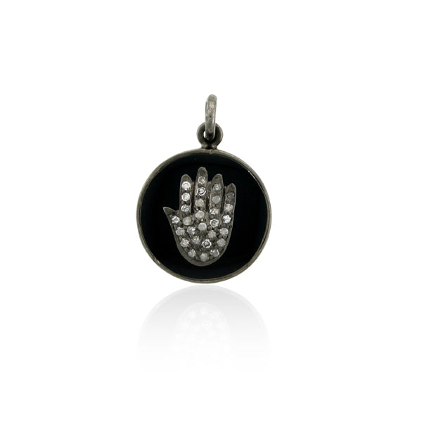 0.16Ct Pave Diamond 925 Sterling Silver Hamsa Hand Charms Pendant Enamel Jewelry