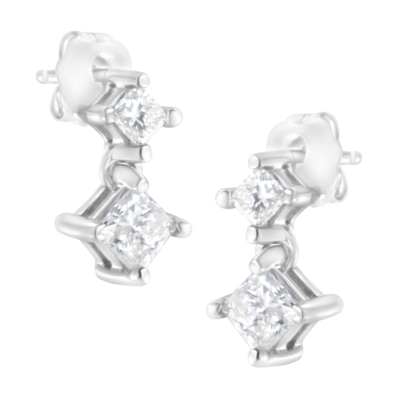 14K White Gold 3/4 cttw Double Diamond Princess-Cut Stud Earrings (I-J Clarity, I2-I3 Color)