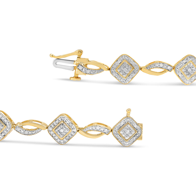 10K Yellow Gold Plated .925 Sterling Silver 1/4 Cttw Diamond Alternating Art Deco Square and Swirl Link 7.25" Bracelet (I-J Color, I2-I3 Clarity)