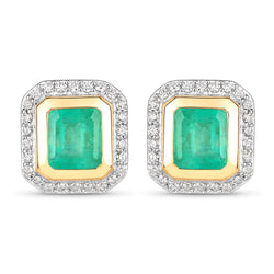 1.98 Carat Genuine Colombian Emerald and White Diamond 14K Yellow Gold Earrings