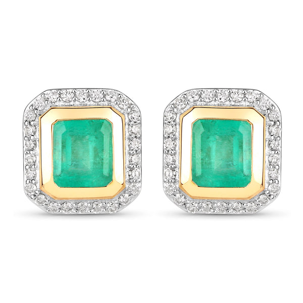 1.98 Carat Genuine Colombian Emerald and White Diamond 14K Yellow Gold Earrings