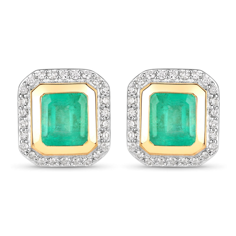 1.98 Carat Genuine Colombian Emerald and White Diamond 14K Yellow Gold Earrings