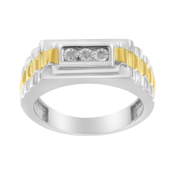 10K Yellow Gold Plated .925 Sterling Silver Diamond Accent Miracle-Set 3 Stone Ridged Band Gentlemen's Fashion Ring (I-J Color, I2-I3 Clarity) - Size 10