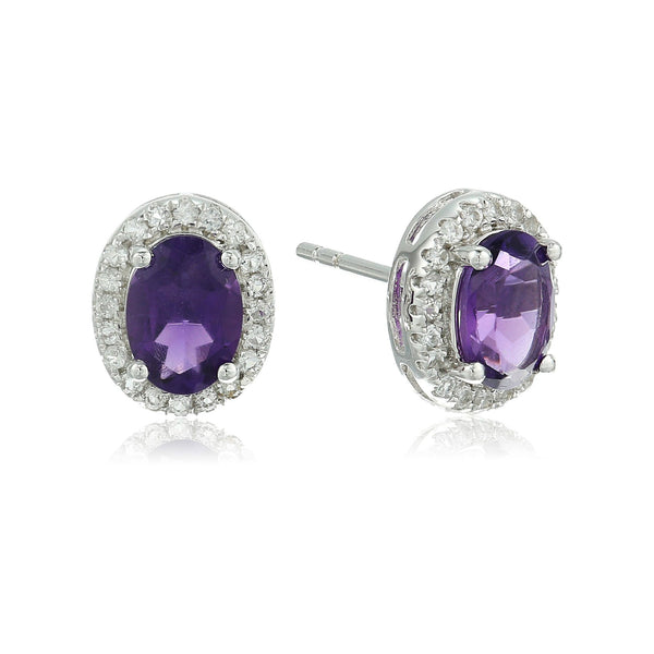 925 Sterling Silver Women Oval Halo Stud Earring African Amethyst