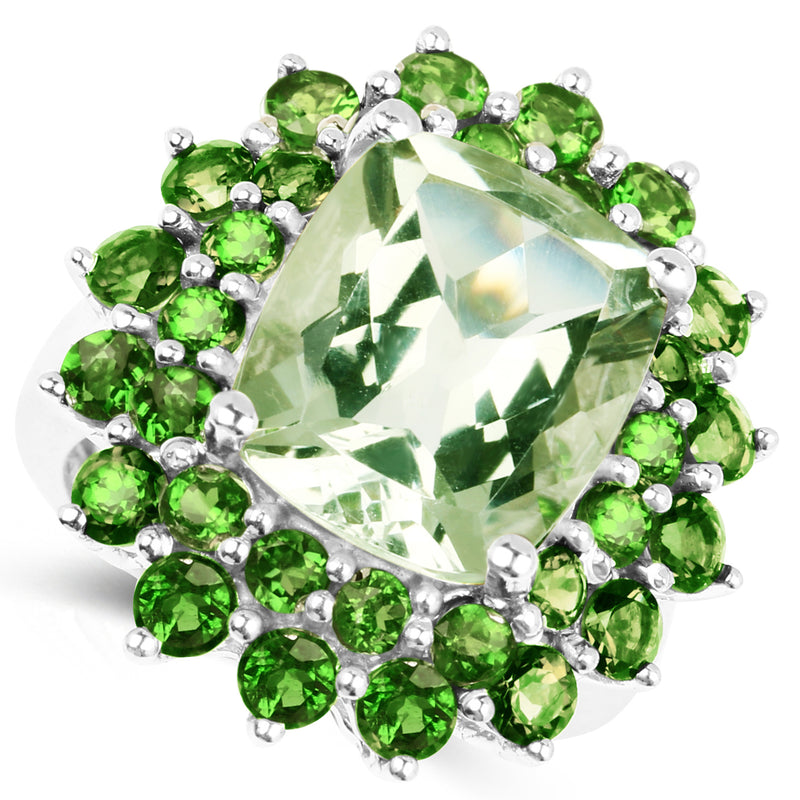 9.89 Carat Genuine Green Amethyst and Chrome Diopside .925 Sterling Silver Ring