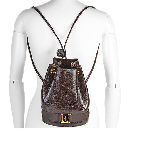 Salvatore Ferragamo SALVATORE FERRAGAMO Vala backpack embossed leather dark brown purse rucksack gold metal fittings BZ-215676