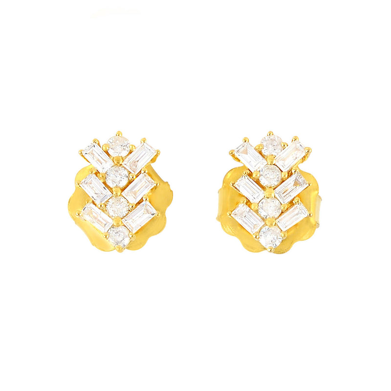 Mini Stud Earrings Diamond 18K Solid Yellow Gold Baguette Handmade Jewelry
