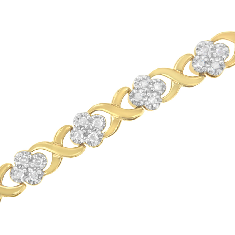 10K Yellow Gold over .925 Sterling Silver 1.0 Cttw Diamond Cluster X Link Tennis Link Bracelet (H-I Color, I3 Clarity) - 7"