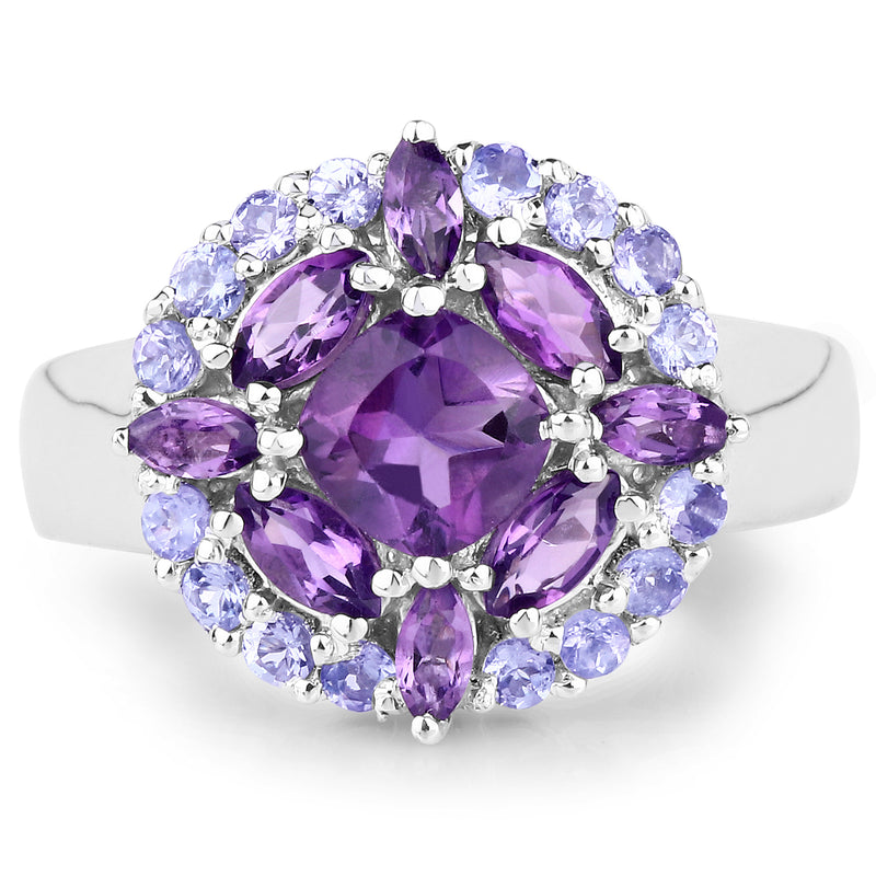 2.19 Carat Genuine Amethyst and Tanzanite .925 Sterling Silver Ring