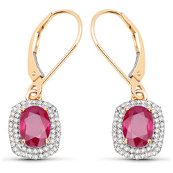 2.26 Carat Genuine Ruby and White Diamond 14K Yellow Gold Earrings