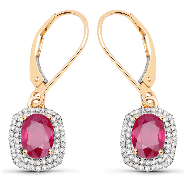 2.26 Carat Genuine Ruby and White Diamond 14K Yellow Gold Earrings