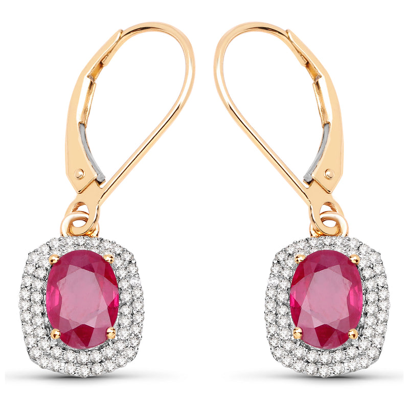 2.26 Carat Genuine Ruby and White Diamond 14K Yellow Gold Earrings