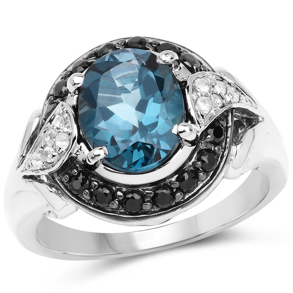4.27 Carat Genuine London Blue Topaz, Black Spinel & White Topaz .925 Sterling Silver Ring