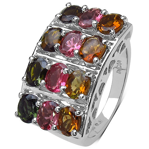 3.72 Carat Genuine Multi Tourmaline .925 Sterling Silver Ring