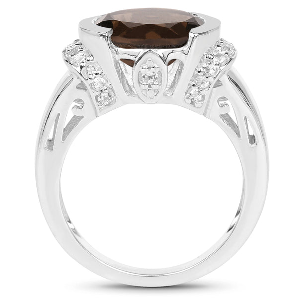 3.40 Carat Genuine Smoky Quartz and White Topaz .925 Sterling Silver Ring