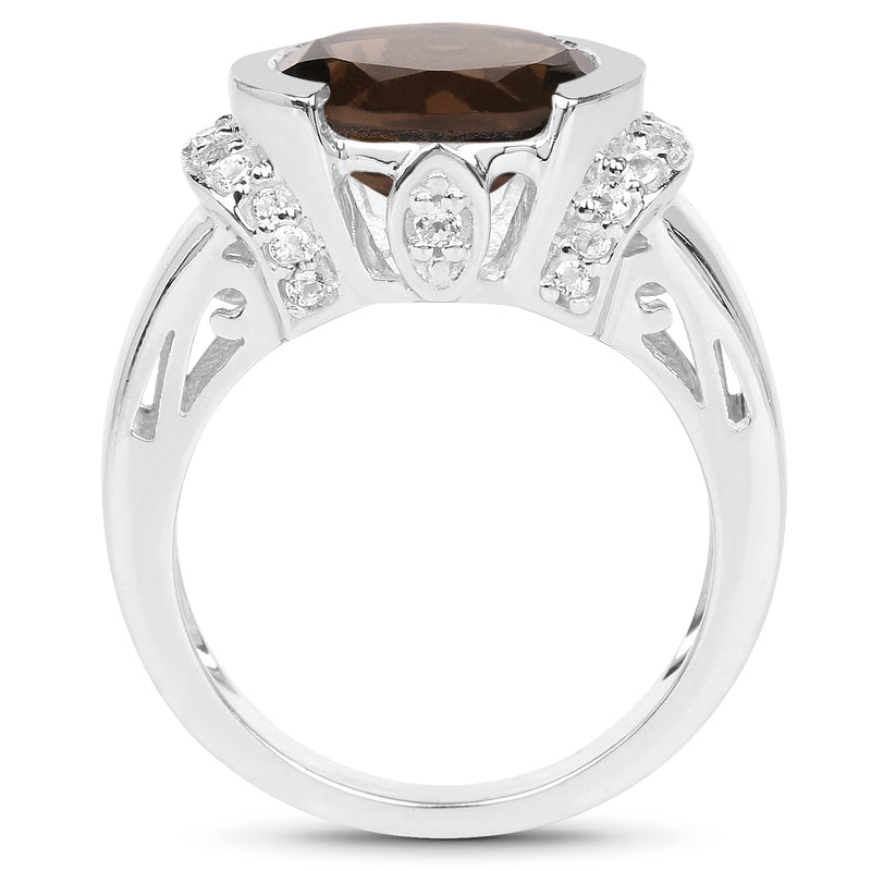 3.40 Carat Genuine Smoky Quartz and White Topaz .925 Sterling Silver Ring