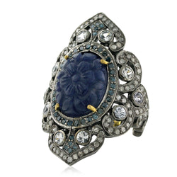 18k Gold 925 Silver Carved Flower Sapphire & Diamond Cockail Ring Jewelry