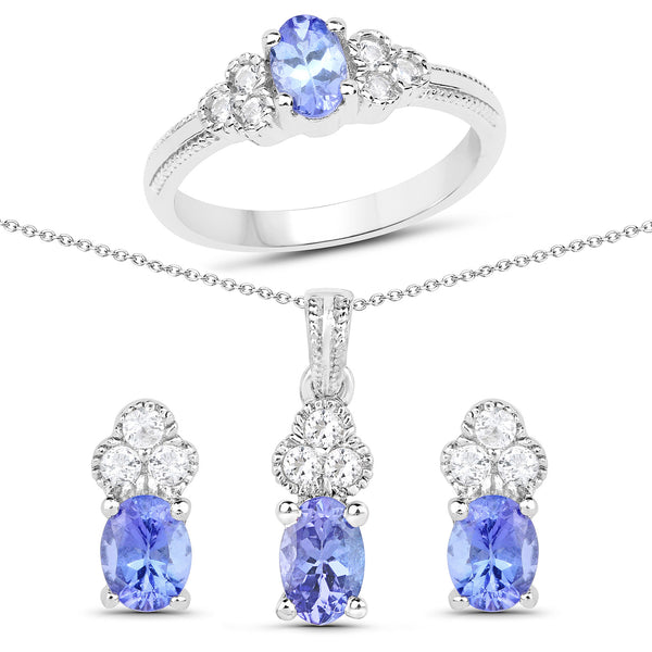 1.93 Carat Genuine Tanzanite and White Topaz .925 Sterling Silver 3 Piece Jewelry Set (Ring, Earrings, and Pendant w/ Chain)