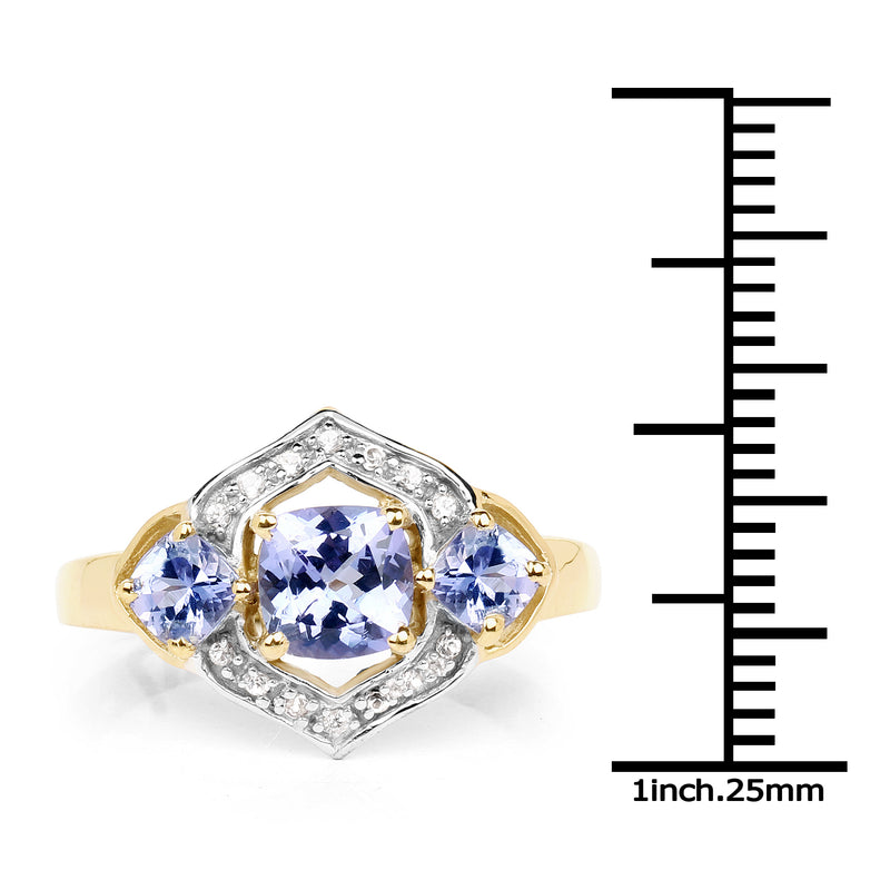 14K Yellow Gold Plated 1.58 Carat Genuine Tanzanite and White Topaz .925 Sterling Silver Ring